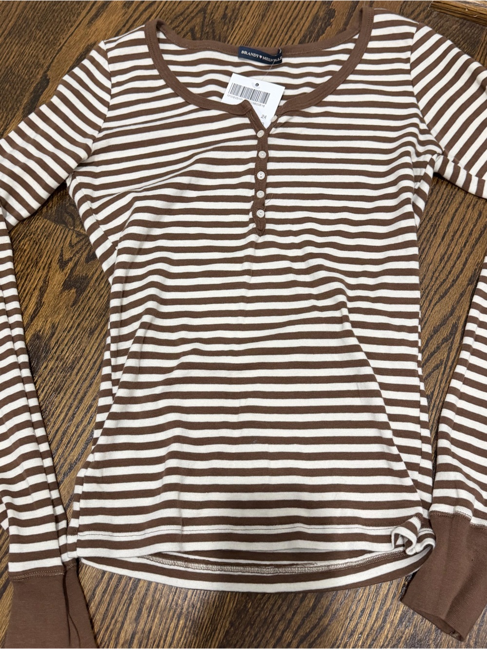 Brandy Melville Brown and Cream Striped Long Sleeve Henley Tee